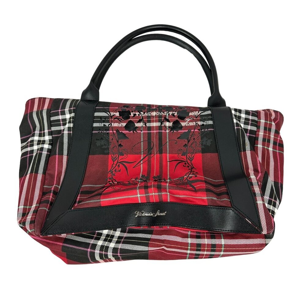 Victoria's Secret Plaid Red & Black Tote Bag Spacious Interior Elegant Design